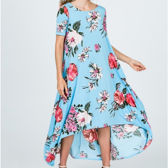 Dresses & Skirts - Blue Floral Assymetrical Swing Dress